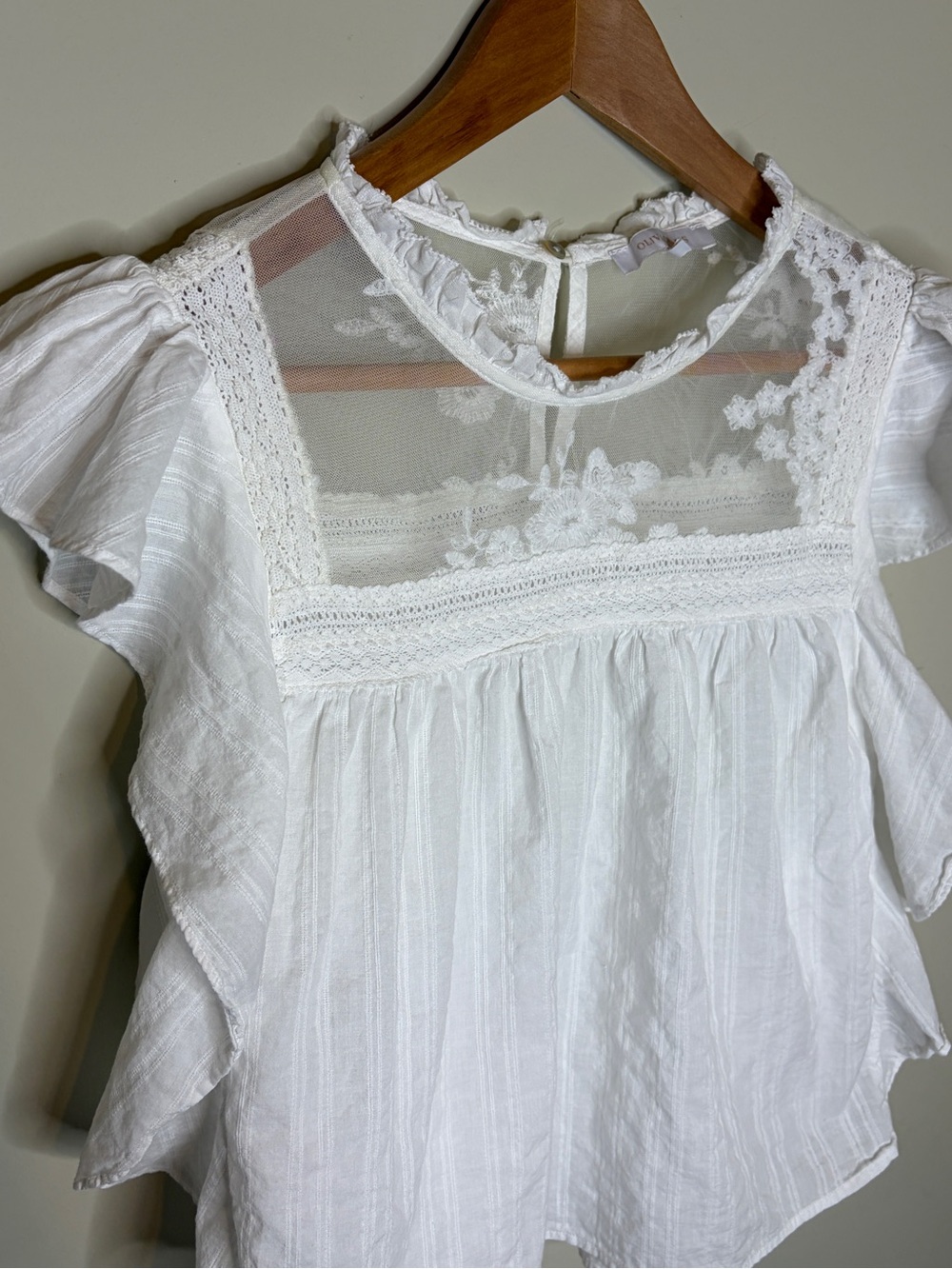 Bohemian Olivaceous White Lace Yoke Flutter Sleeve Top
